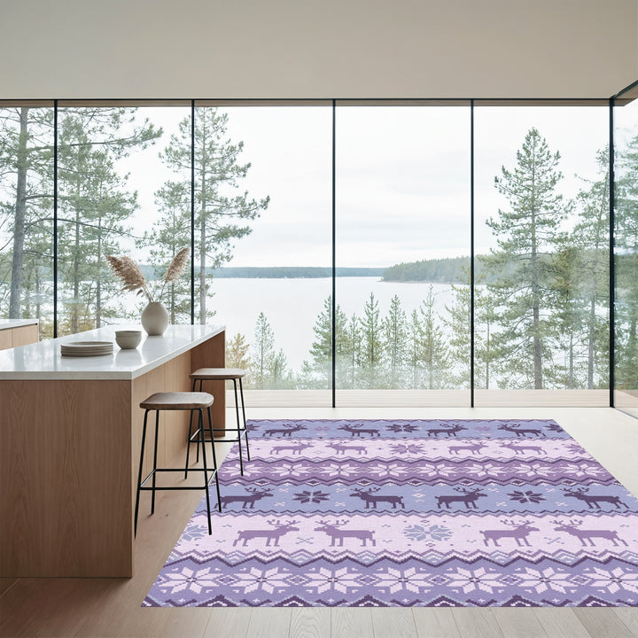 Purple Reindeer Snowflake Nordic Knit Rug
