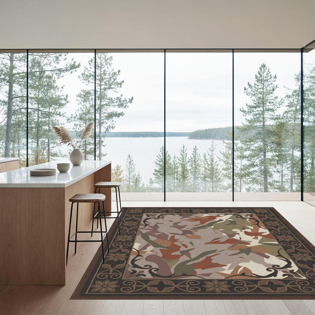 Camouflage Abstract Earthy Tones Border Rug