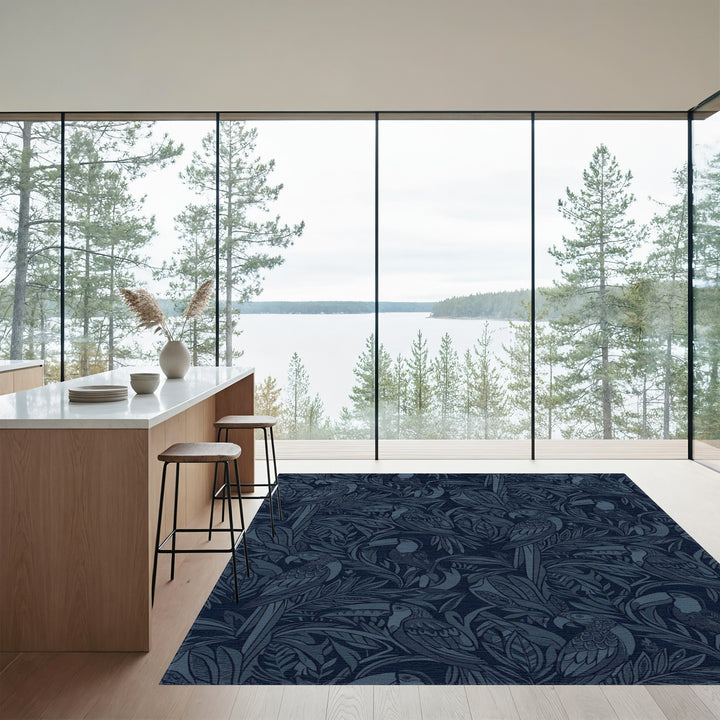 Deep Blue Tropical Parrot Toucan Arrangement Rug