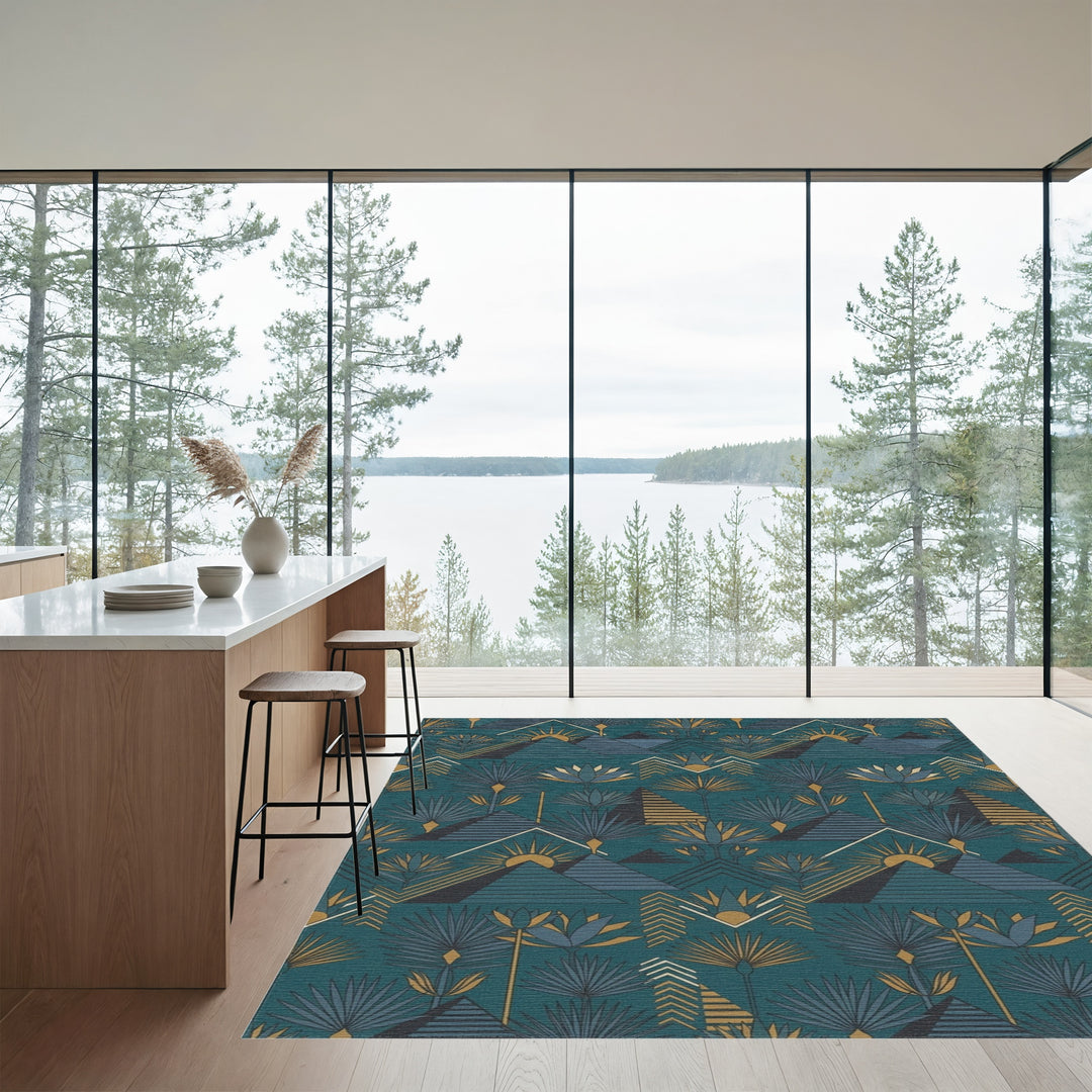Art Deco Teal Sun Pyramid Floral Rug