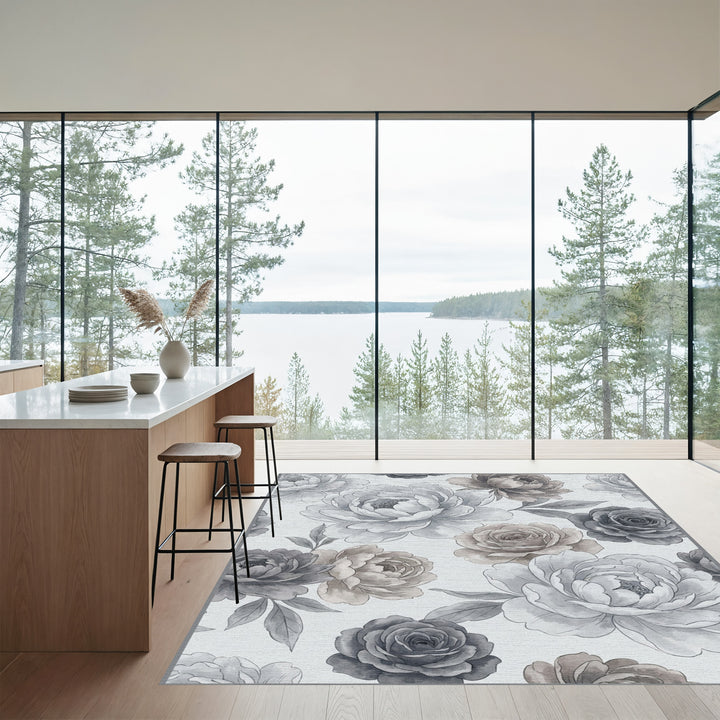 Vintage Gray Floral Peony Bloom Rug