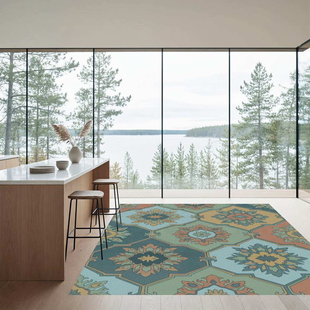 Earthy Jewel Toned Medallion Tile Rug