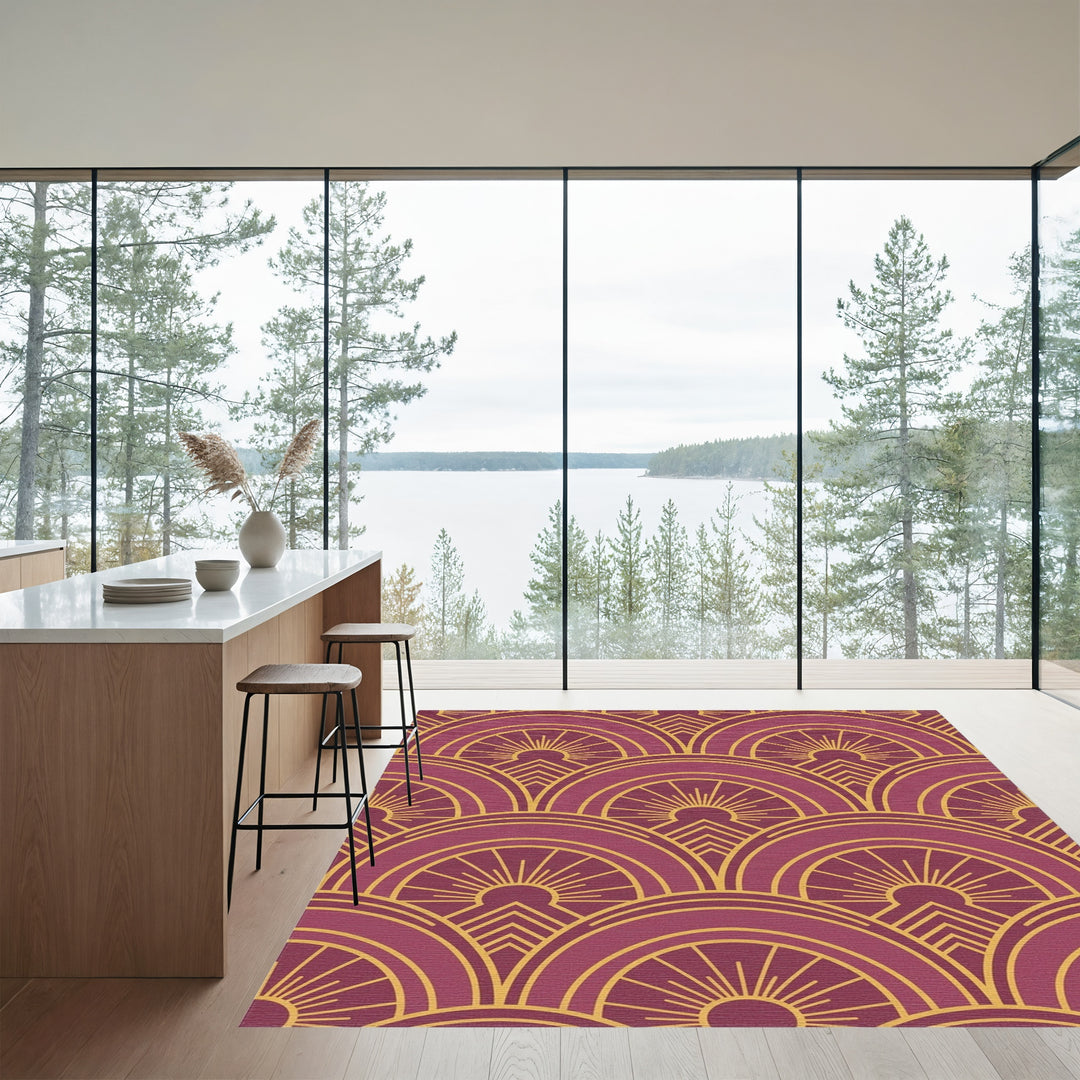 Burgundy Gold Sunburst Geometric Arch Rug
