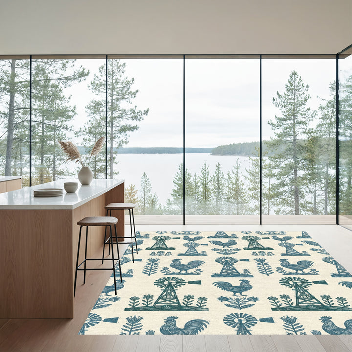 Farmstead Teal Rooster Windmill Floral Rug