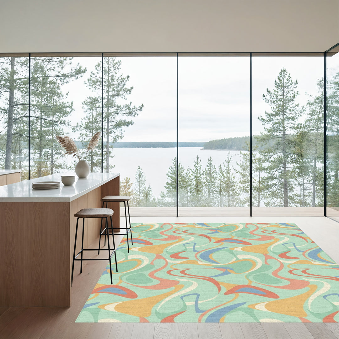 Retro Swirl Abstract Peach Blue Cream Rug