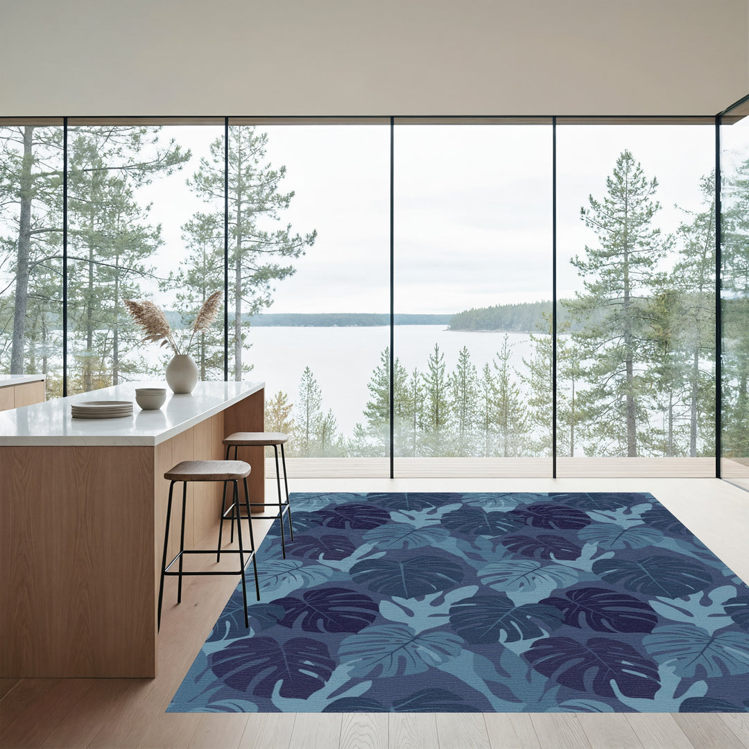 Deep Blue Tropical Monstera Leaves Rug