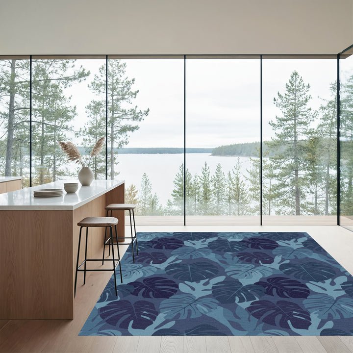 Deep Blue Tropical Monstera Leaves Rug