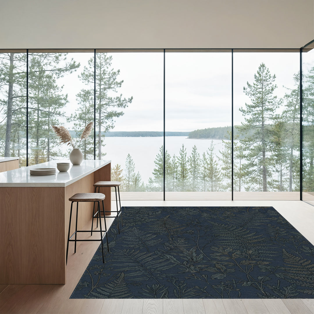 Deep Navy Fern Foliage Silhouette Rug