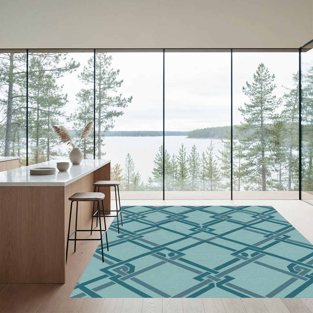 Teal Interlocking Geometric Square Lattice Rug