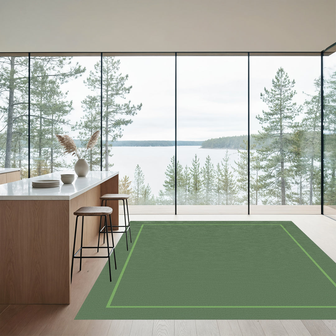 Earthy Olive Green Geometric Border Rug