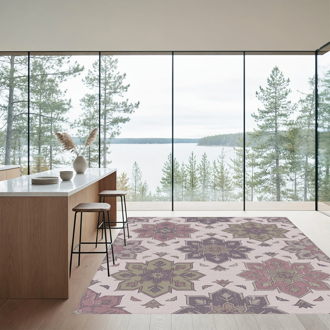 Distressed Floral Medallion Purple Green Rug
