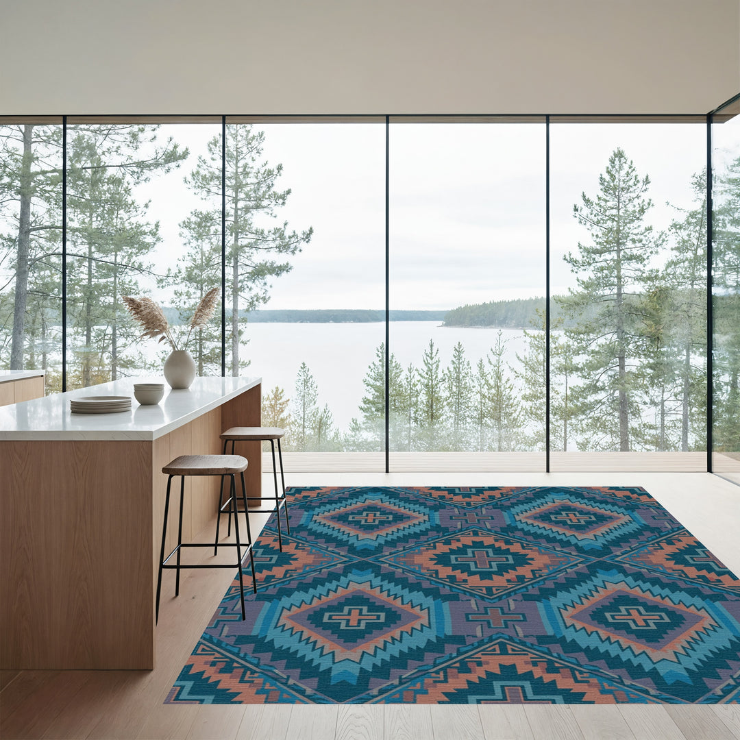 Teal Orange Diamond Cross Geometric Rug