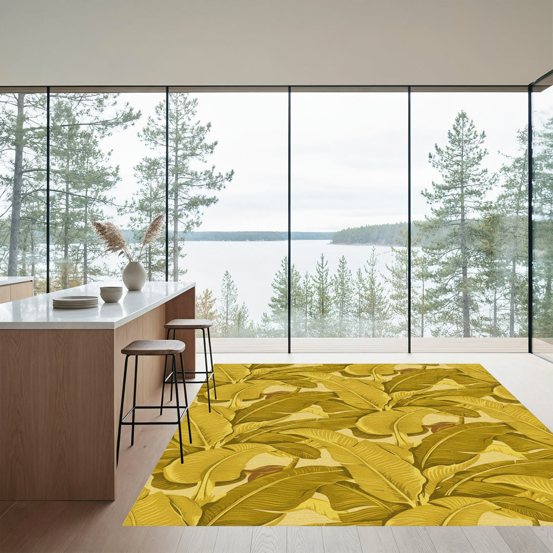 Golden Banana Leaf Tropical Arrangement Rug