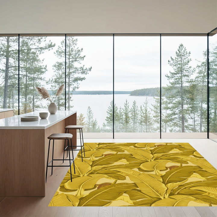 Golden Banana Leaf Tropical Arrangement Rug