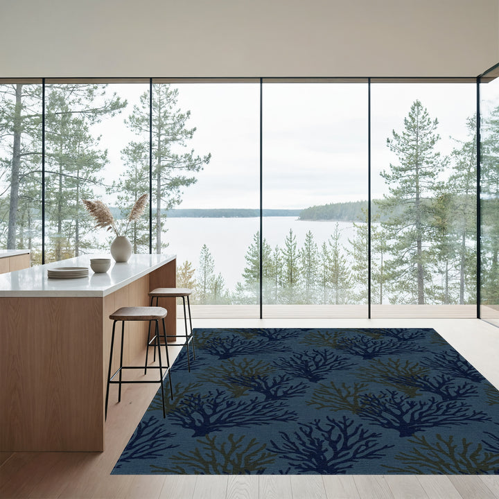 Navy Blue Coral Branch Arrangement Rug