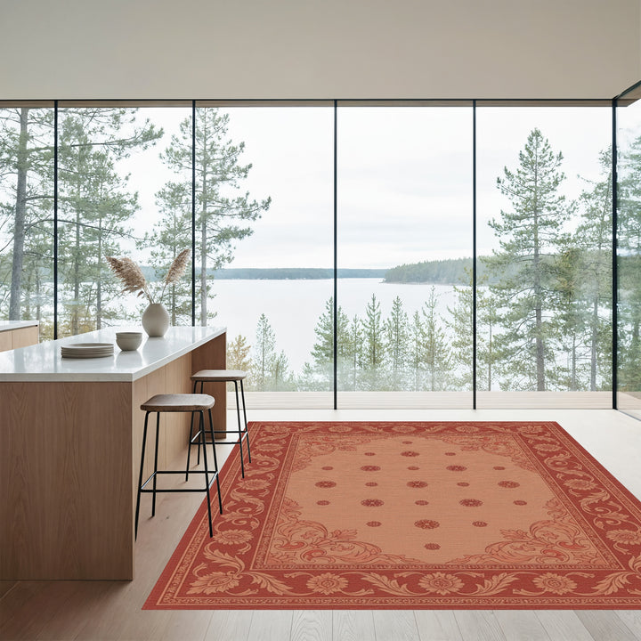Terracotta Red Floral Scroll Border Rug