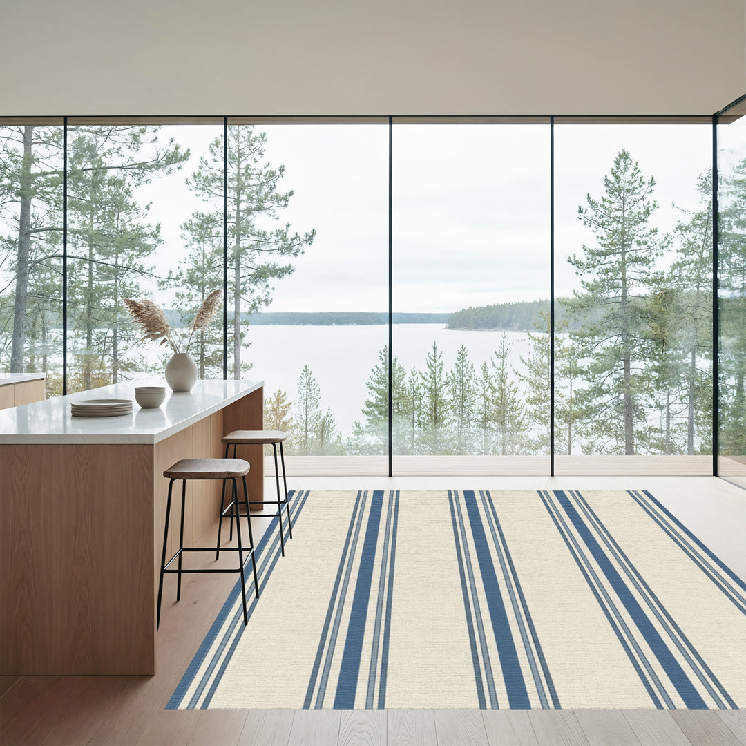 Coastal Cream Blue Striped Drape Rug
