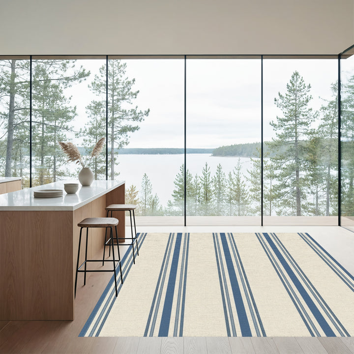 Coastal Cream Blue Striped Drape Rug