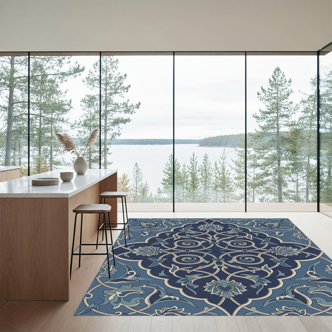 Dark Blue Floral Arabesque Scroll Rug