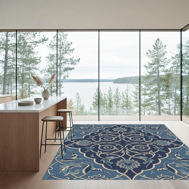 Dark Blue Floral Arabesque Scroll Rug