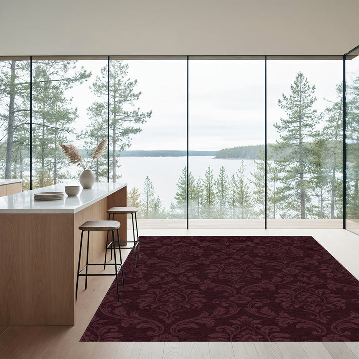Deep Burgundy Floral Damask Rug