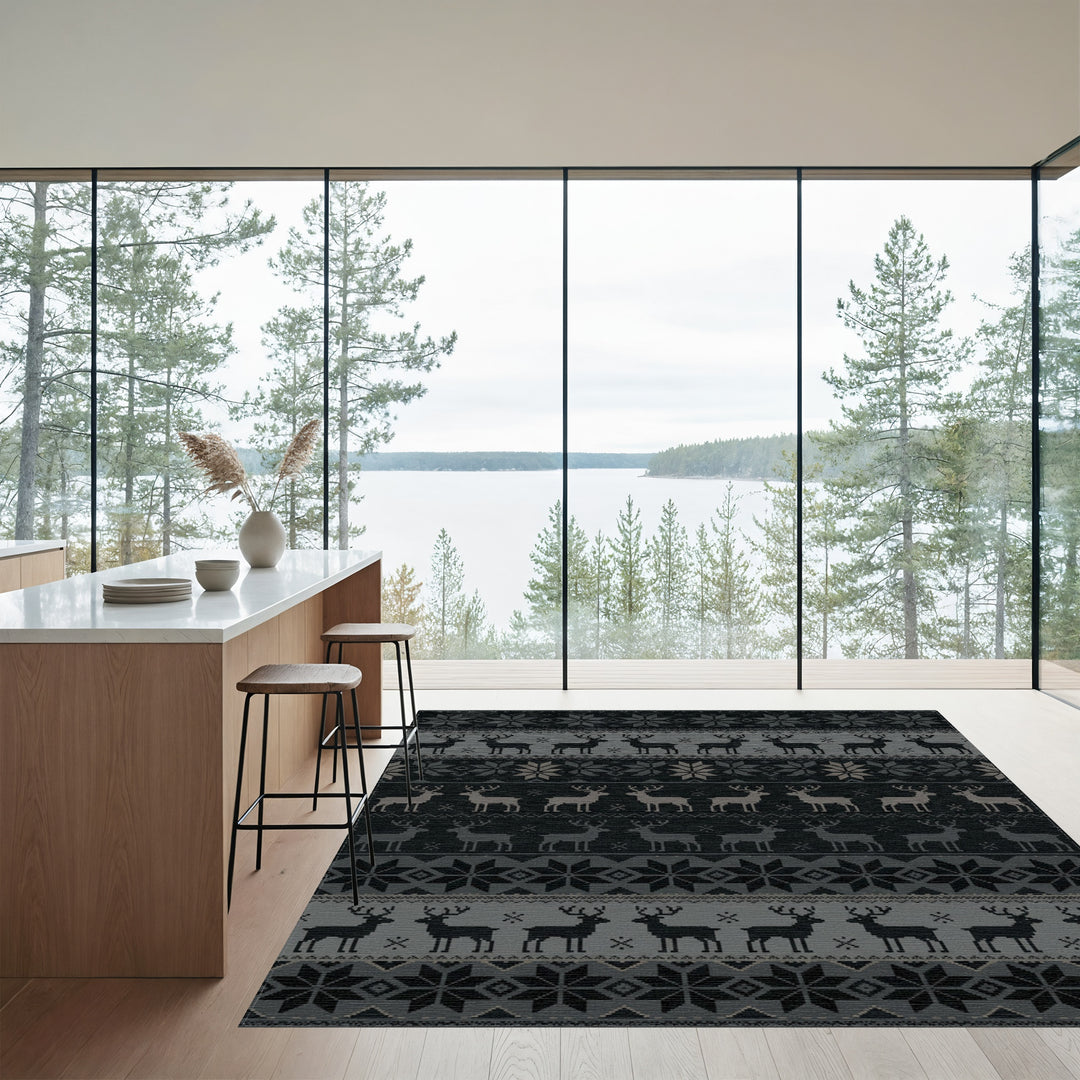 Gray Black Reindeer Snowflake Stripes Rug