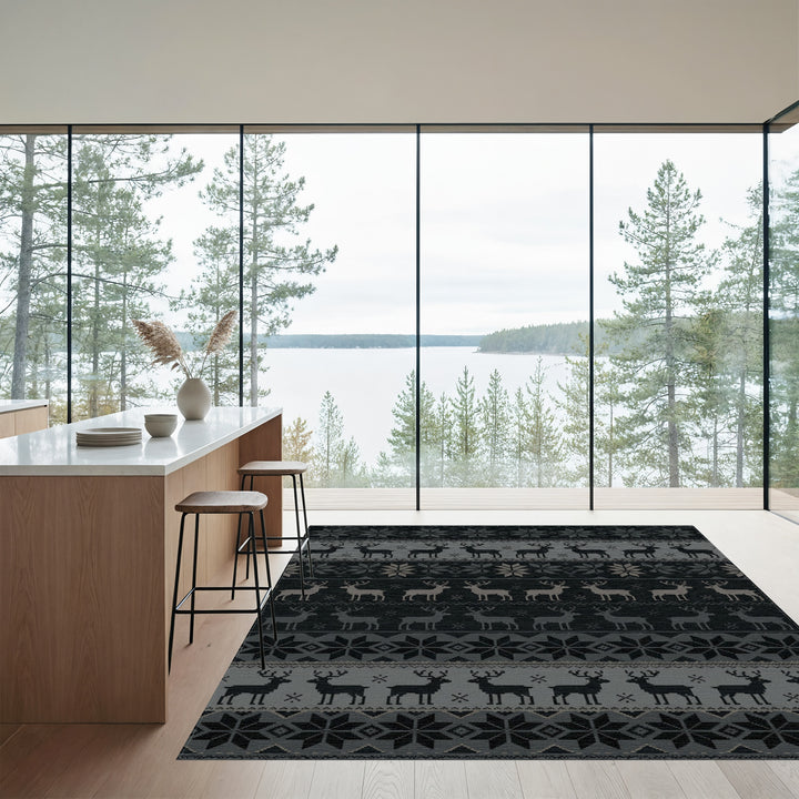 Gray Black Reindeer Snowflake Stripes Rug