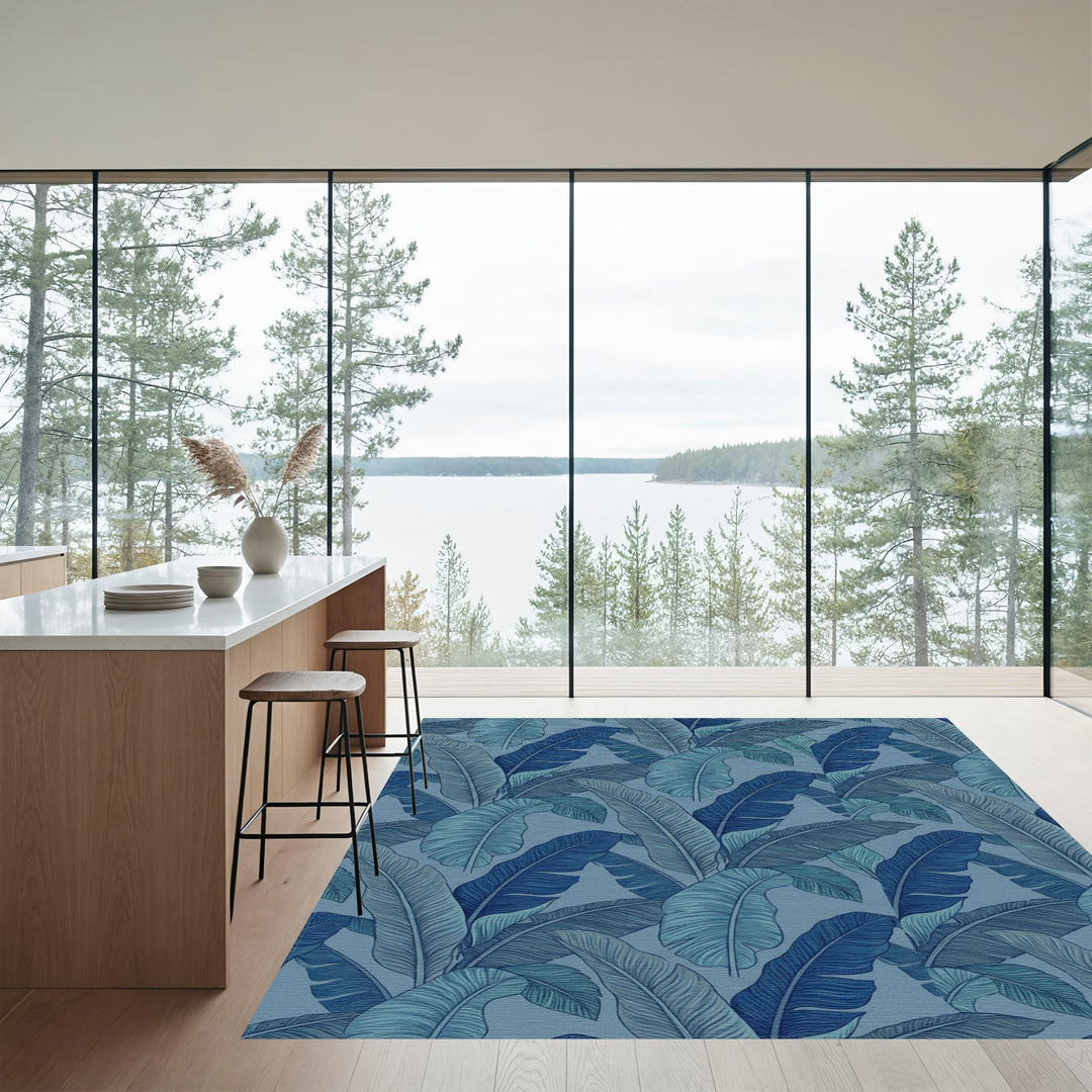 Deep Blue Tropical Banana Leaf Rug