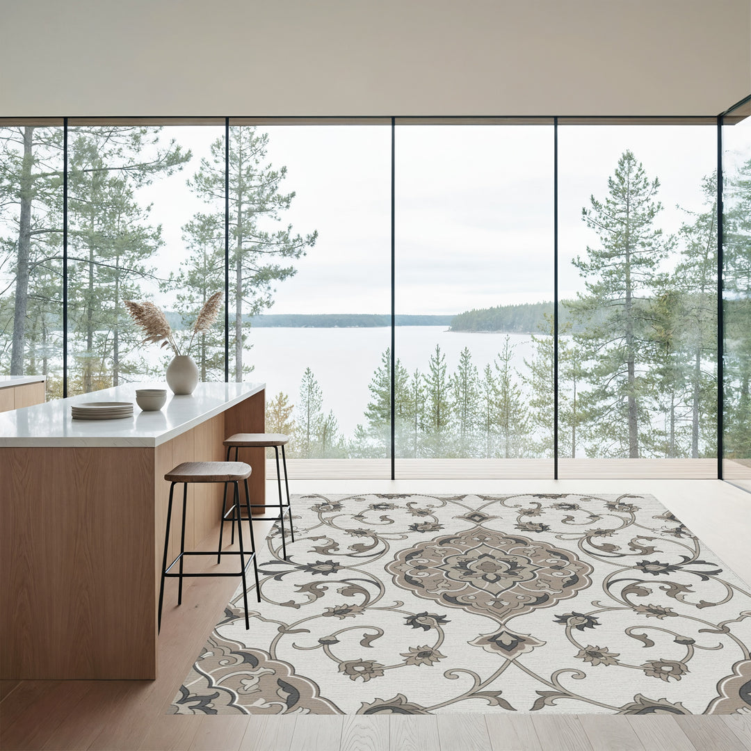 Neutral Ochre Floral Arabesque Rug