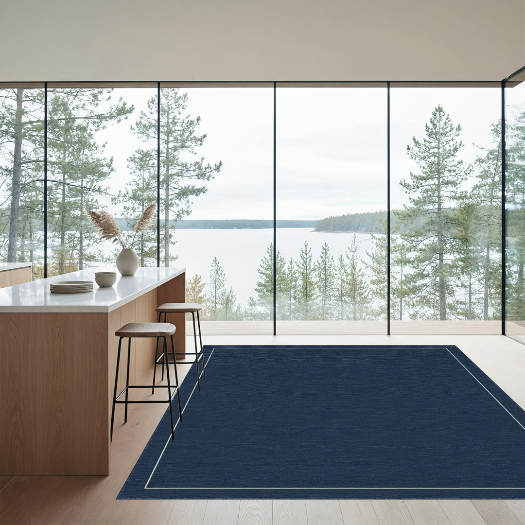 Deep Navy Border Geometric Rug