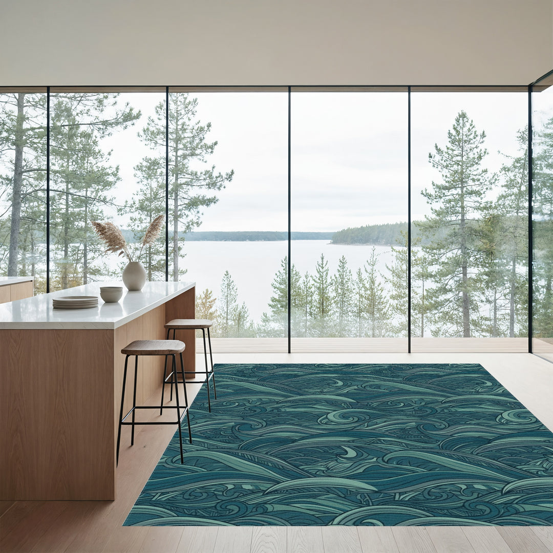 Deep Teal Ocean Waves Abstract Rug