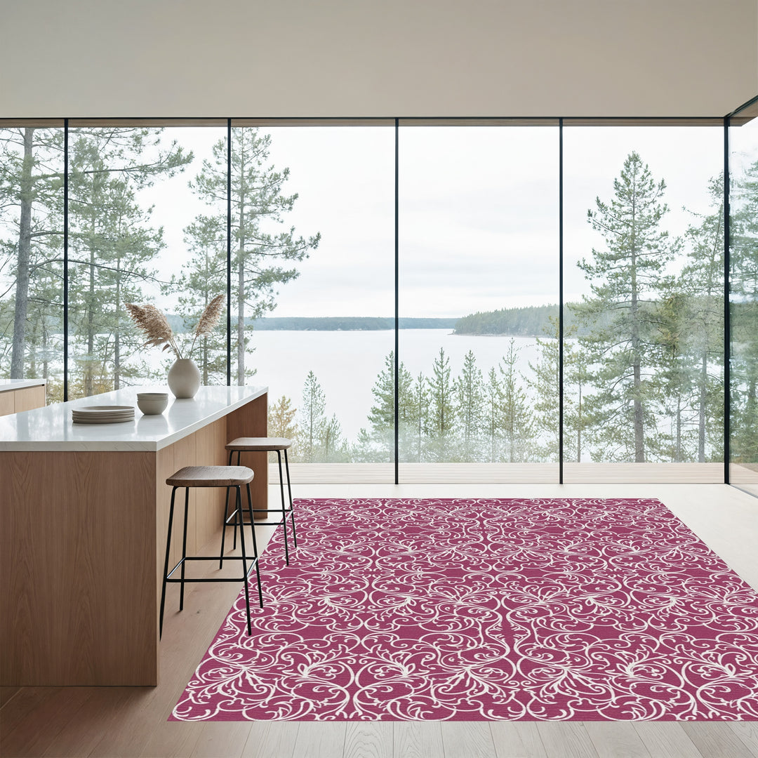 Crimson White Floral Damask Rug