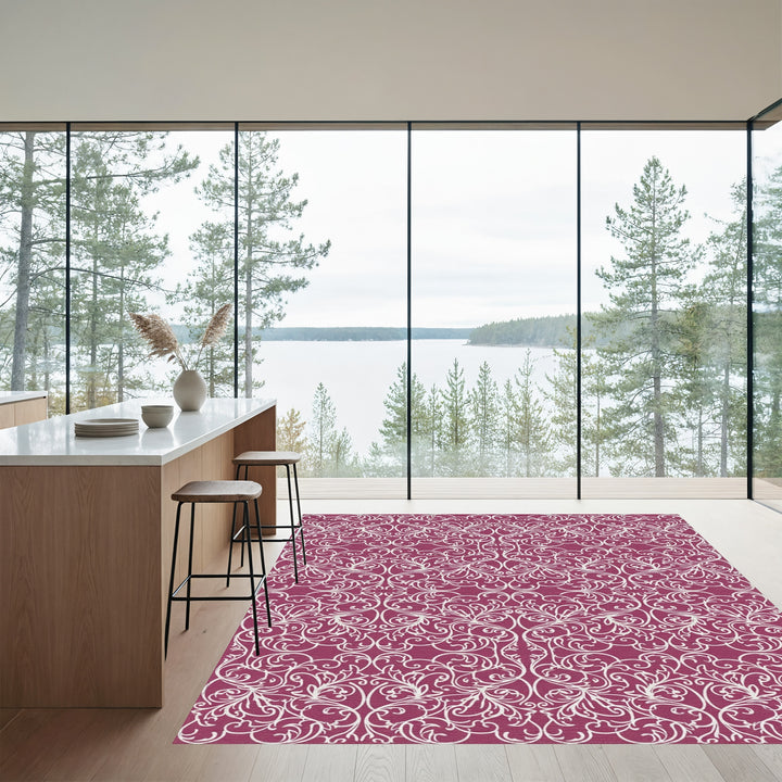 Crimson White Floral Damask Rug