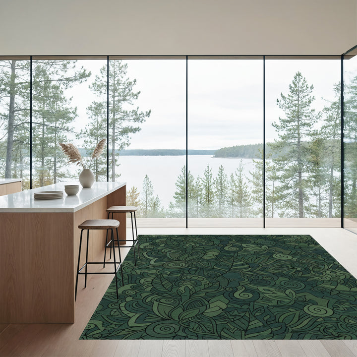 Earthy Green Lush Botanical Swirl Rug