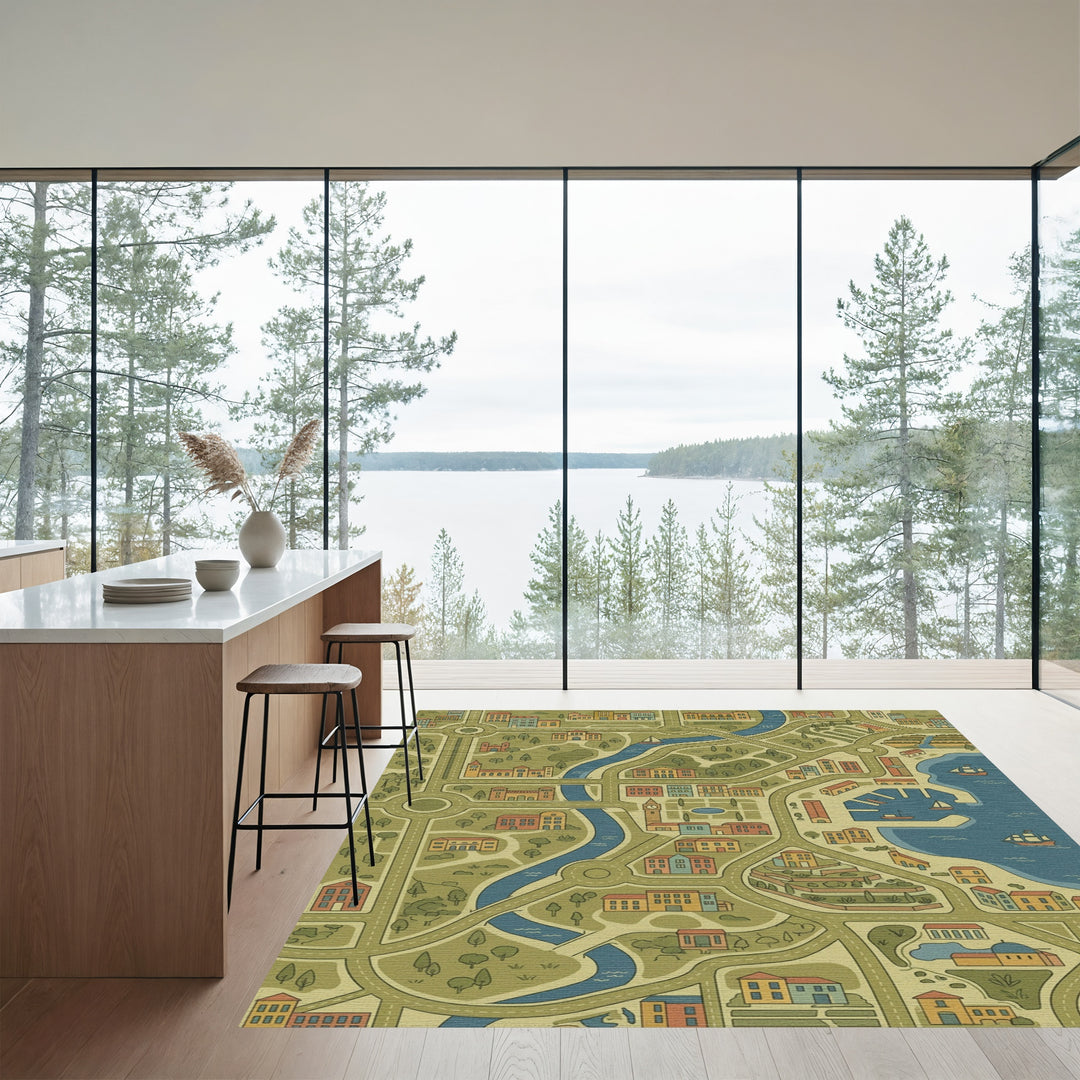 Whimsical Cityscape Map Buildings Rug