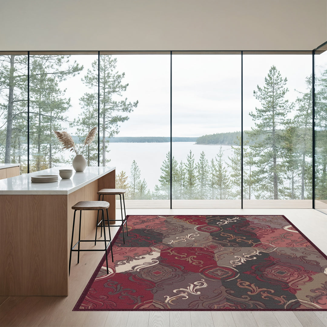 Crimson Burgundy Patchwork Scroll Medallion Rug