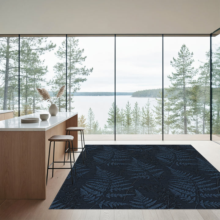 Deep Blue Fern Forest Botanical Rug