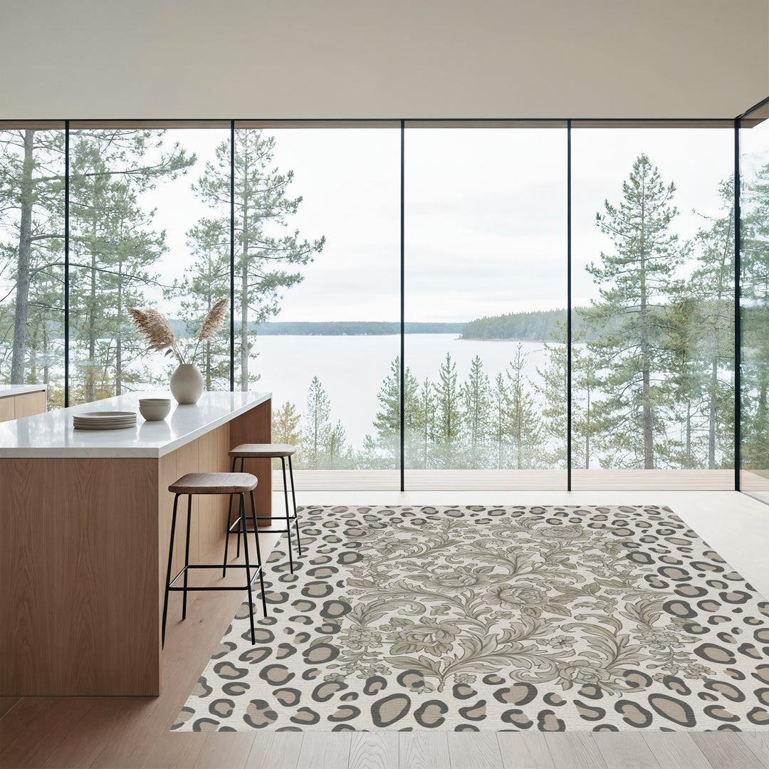 Monochromatic Floral Leopard Frame Rug