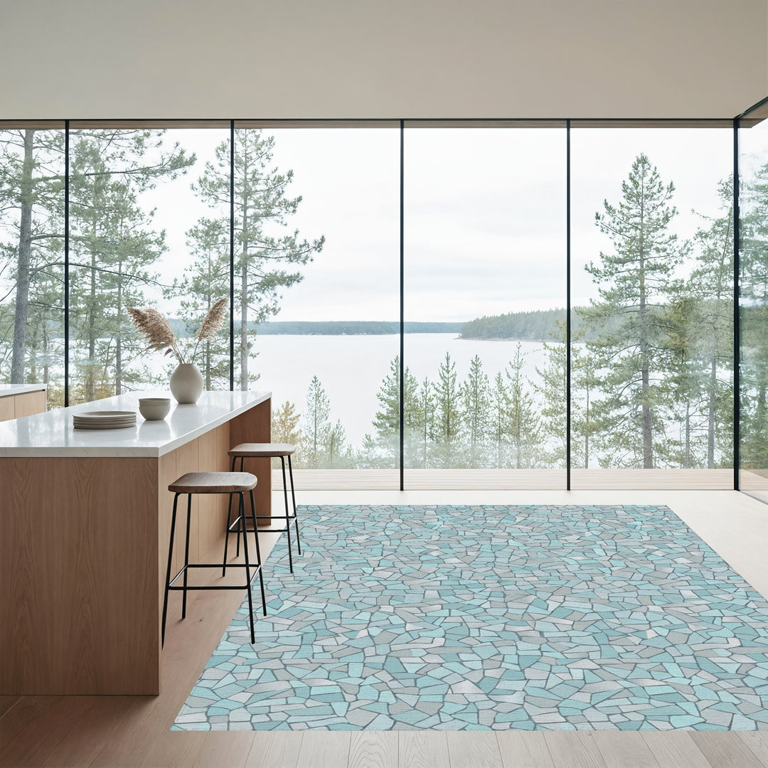 Cool Blue Cracked Stone Mosaic Rug