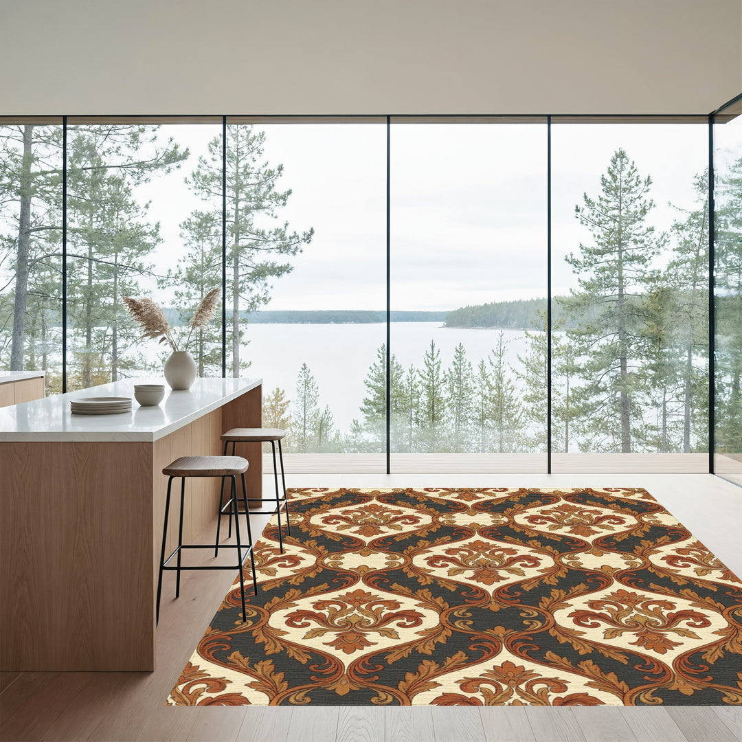 Vintage Ochre Scrollwork Damask Rug
