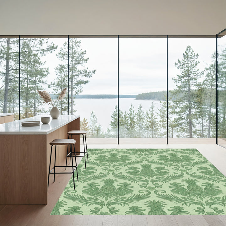 Emerald Green Pineapple Botanical Scroll Rug
