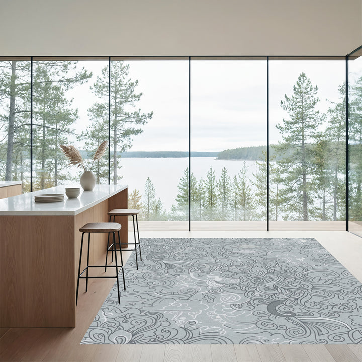Whimsical Gray Cloud Foliage Swirl Rug