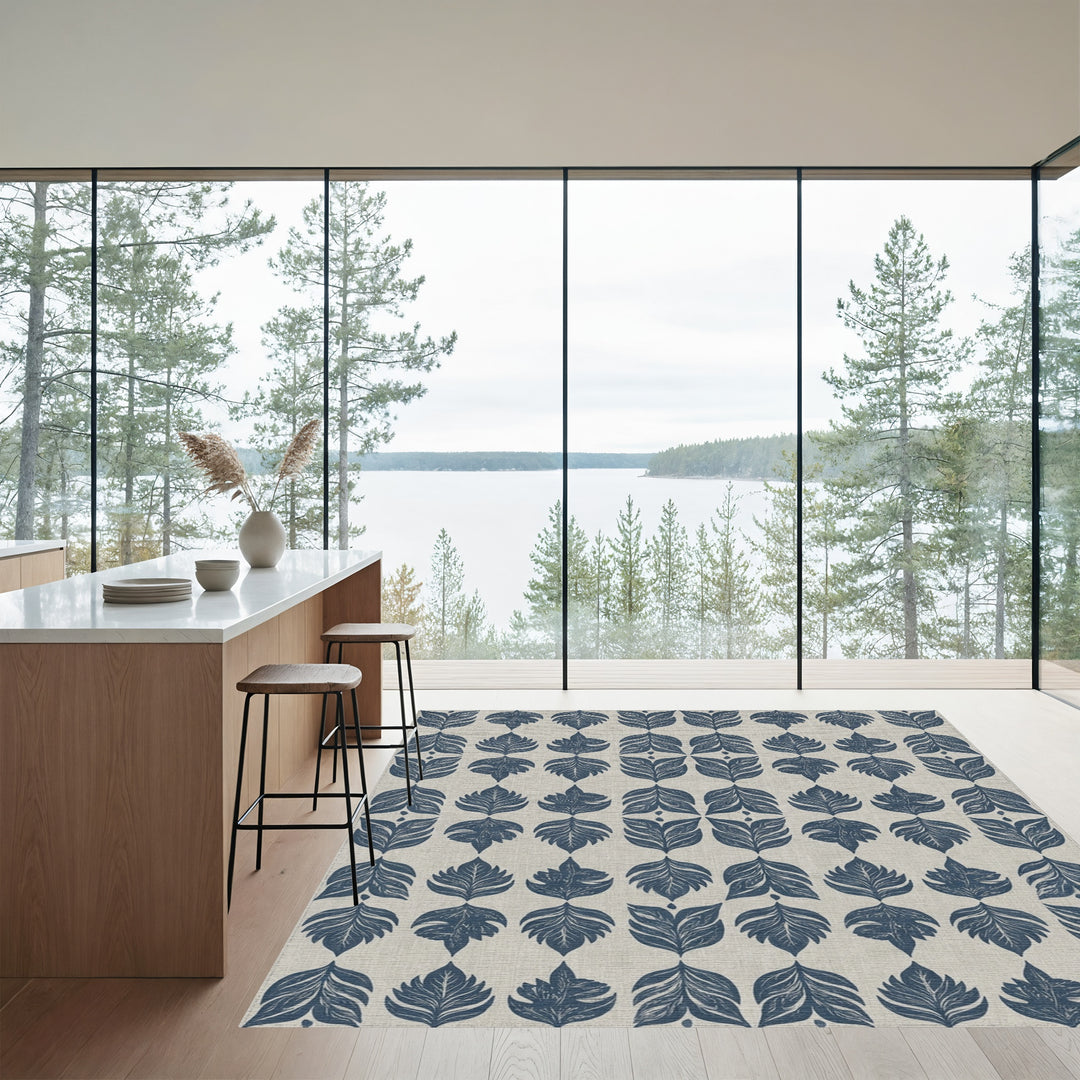 Navy Blue Leafy Imprint Repeat Rug