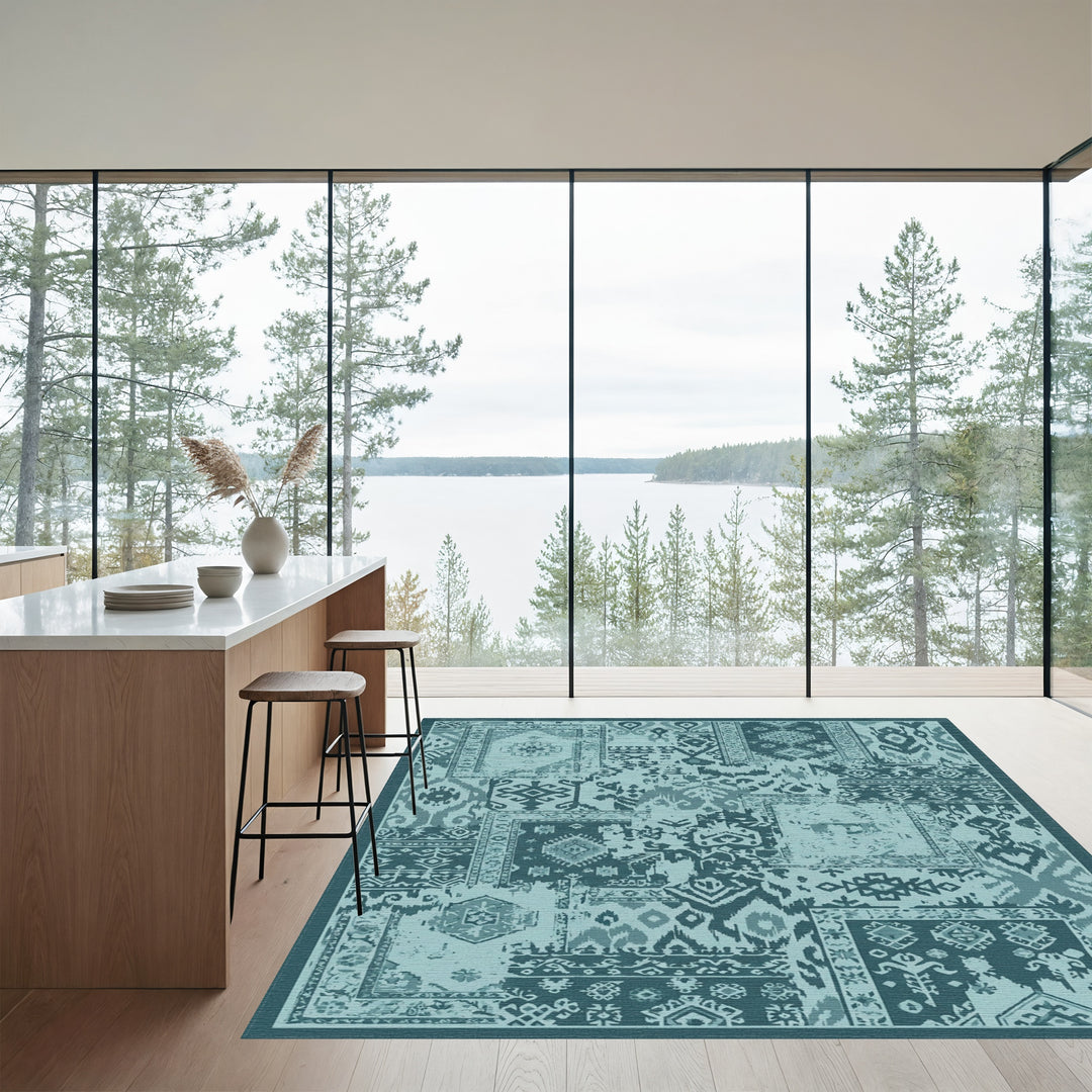Teal Patchwork Geometric Medallion Rug