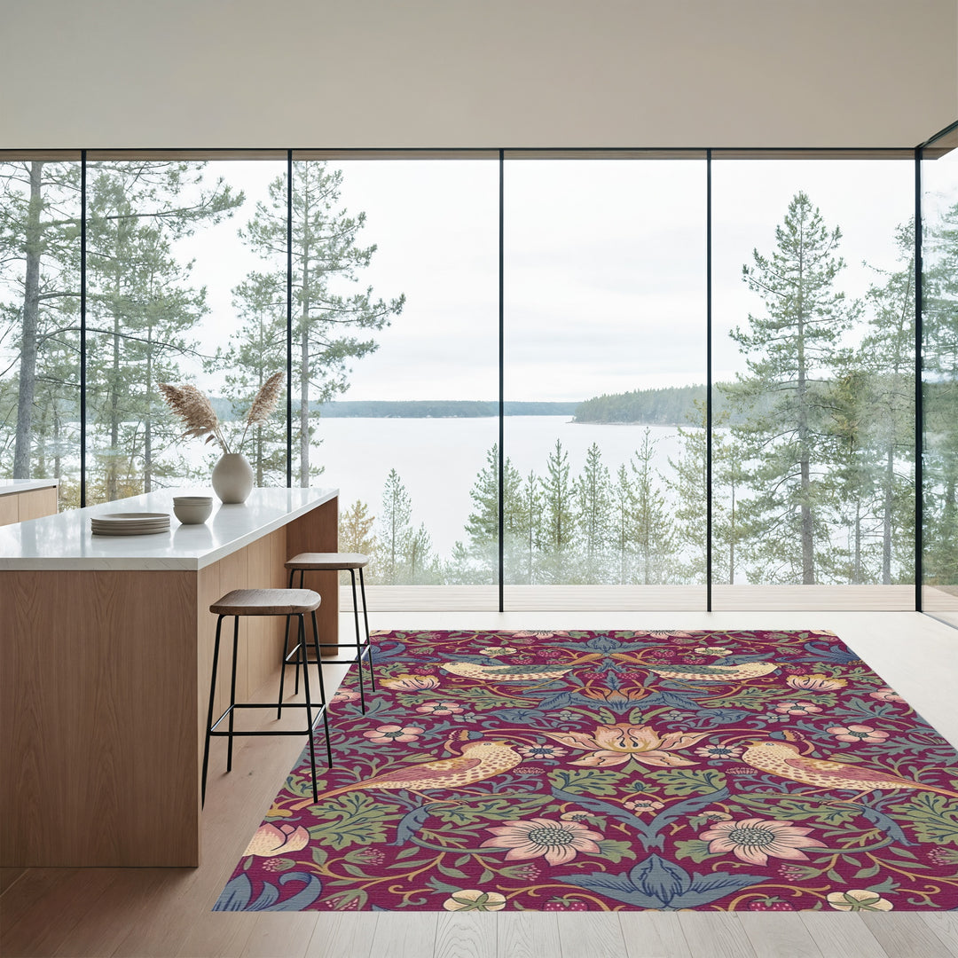 Burgundy Bird Strawberry Floral Tapestry Rug