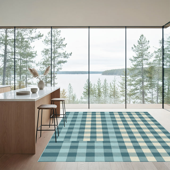 Teal Cream Checkered Comfort Rug