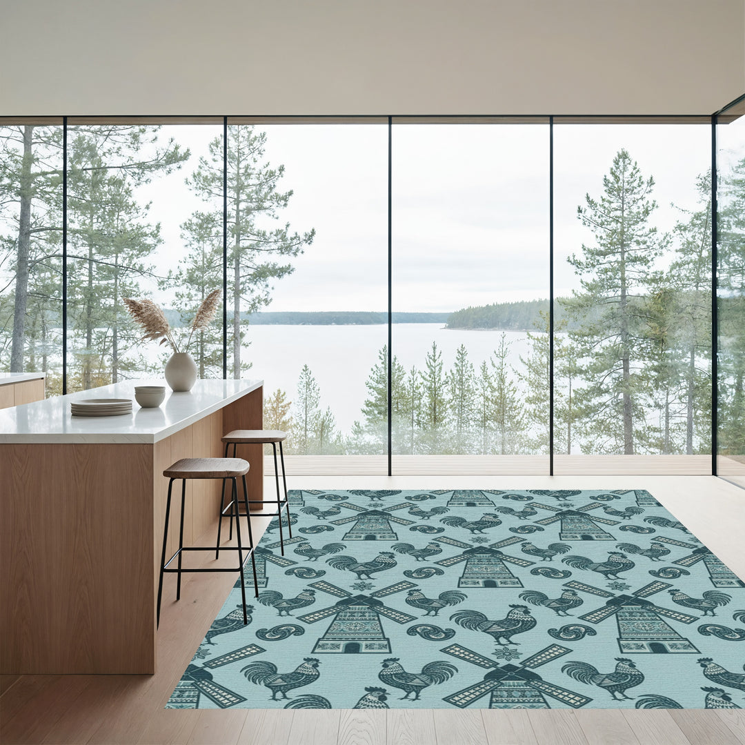 Teal Rooster Windmill Folk Art Rug
