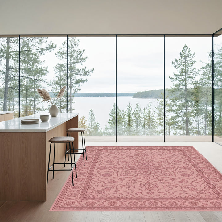 Rose Pink Floral Medallion Traditional Rug