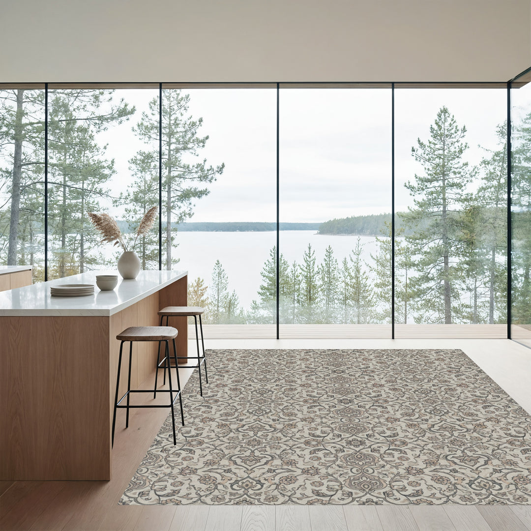 Neutral Floral Scroll Arabesque Rug