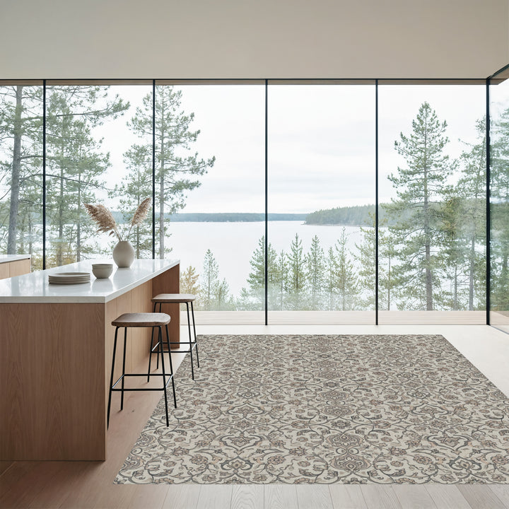 Neutral Floral Scroll Arabesque Rug